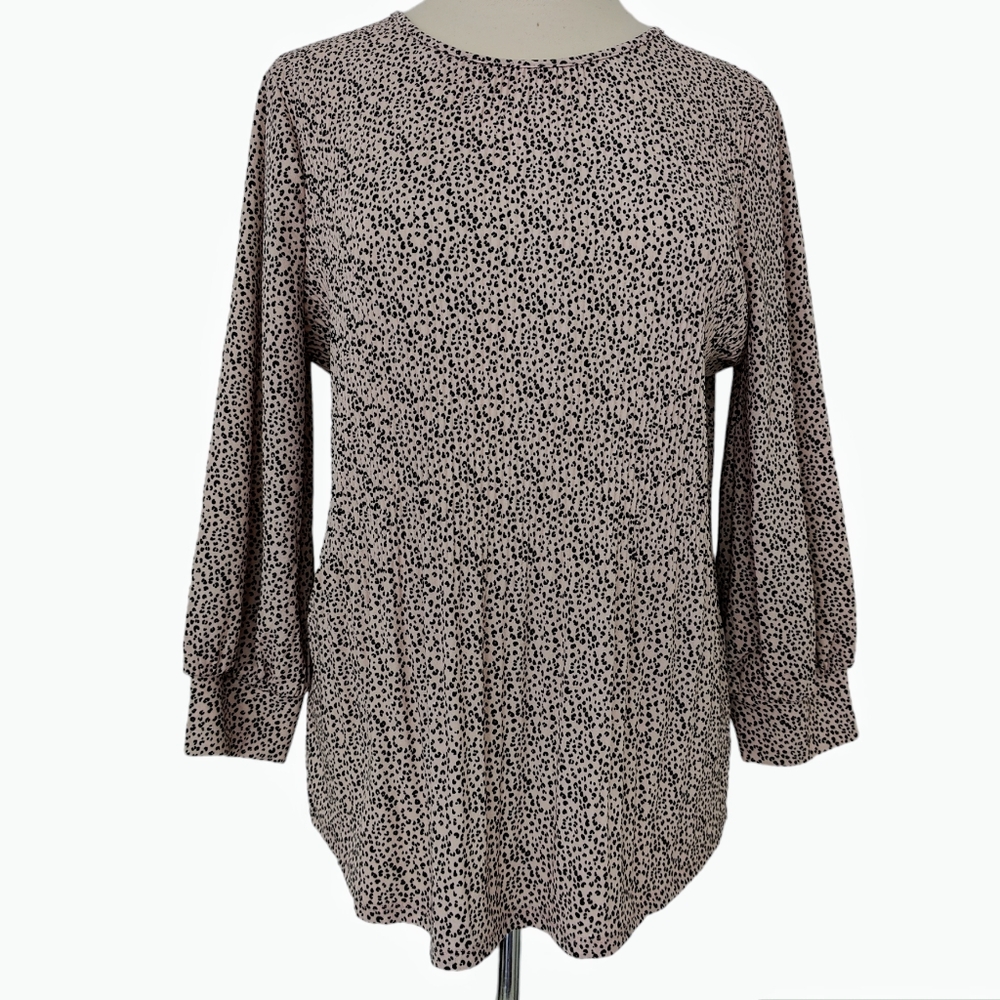 Adrianna Papell Blouse M Pink Black Leopard Animal Print Pleat Long Sleeve Shirt